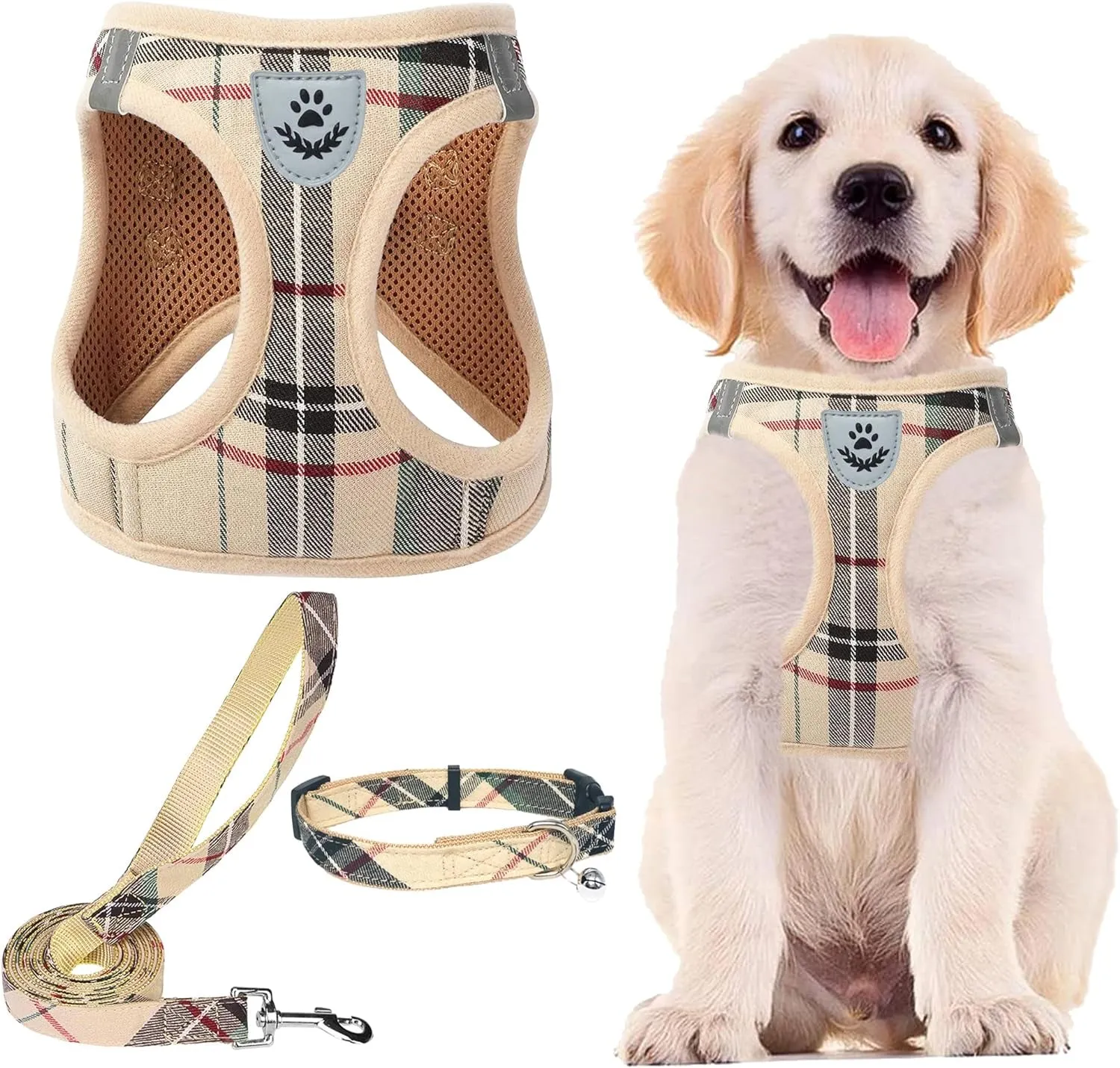 Adjustable Dog Harness Collar and Leash Set Step in No Pull Pet Harness for Small Medium Dogs Puppy and Cats Outdoor Walking Running, Soft Mesh Padded Reflective Vest Harnesses, Beige S