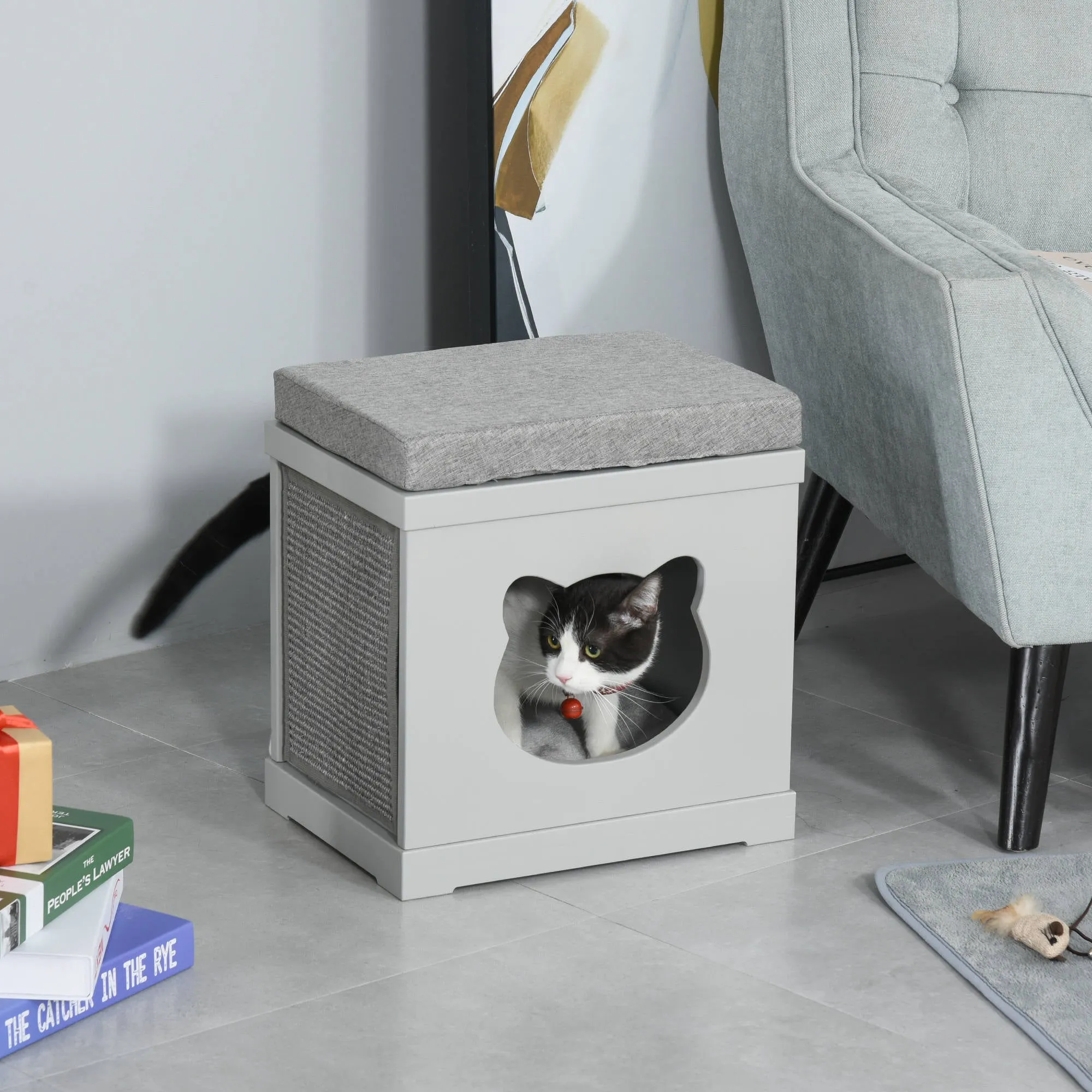 Cat House Bed Kitten Cave Cube Indoor for Small Pet with Removable Sisal Scratching Pads Soft Cushions, 41x30x36 cm, Grey
