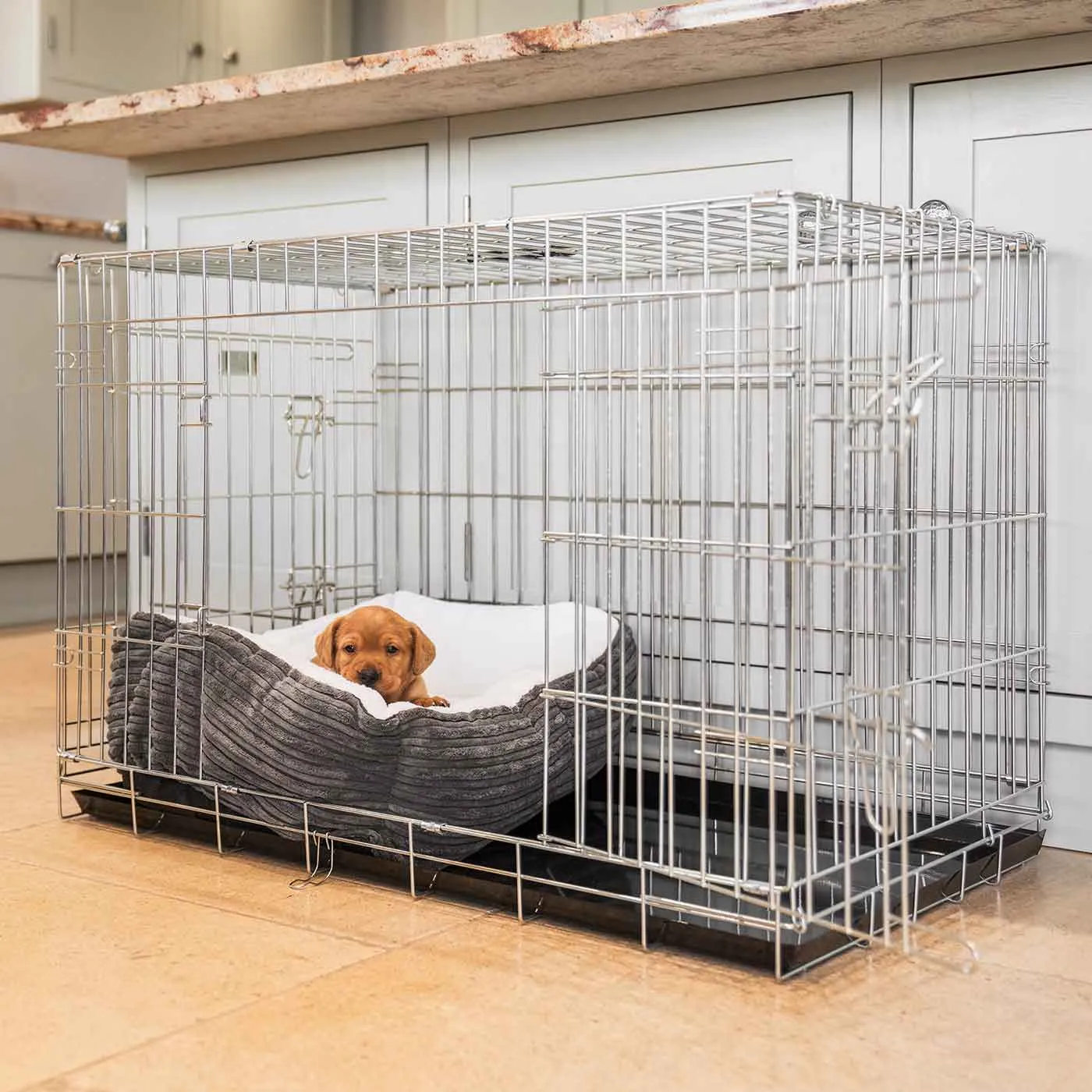 Cosy & Calming Puppy Crate Bed in Dark Grey Essentials Plush by Lords & Labradors
