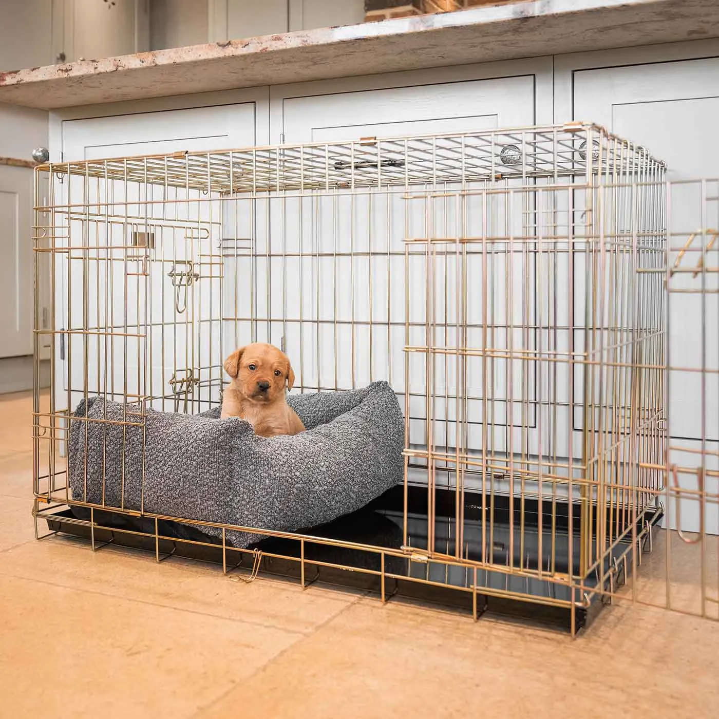 Cosy & Calming Puppy Crate Bed in Granite Bouclé by Lords & Labradors