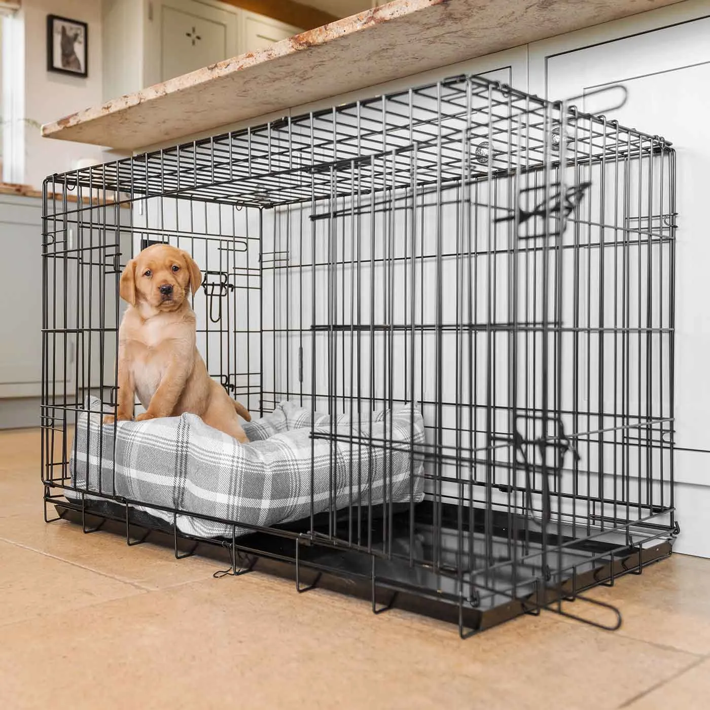 Cosy & Calming Puppy Crate Bed With Removable Covers in Balmoral Dove Grey Tweed by Lords & Labradors