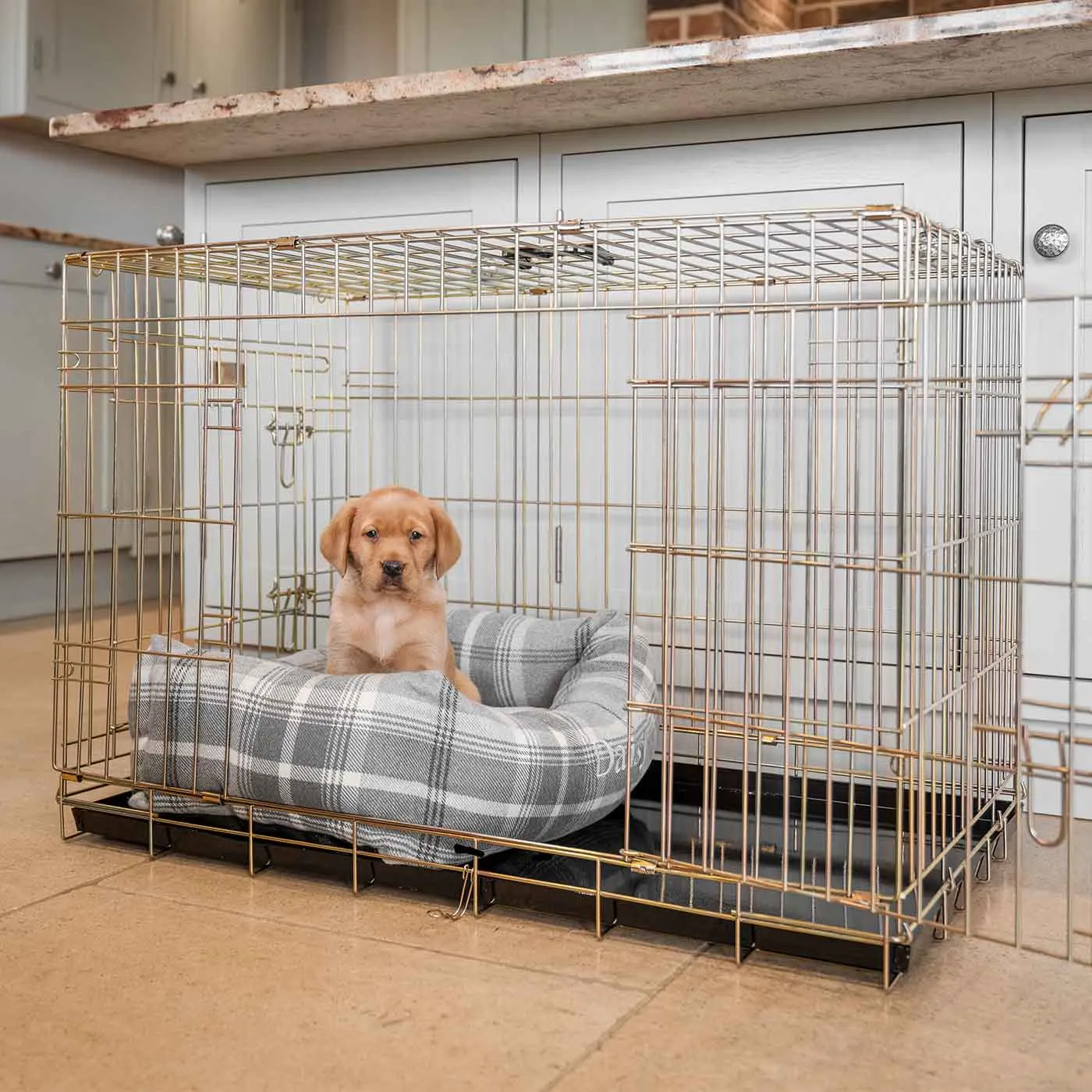 Cosy & Calming Puppy Crate Bed With Removable Covers in Balmoral Dove Grey Tweed by Lords & Labradors