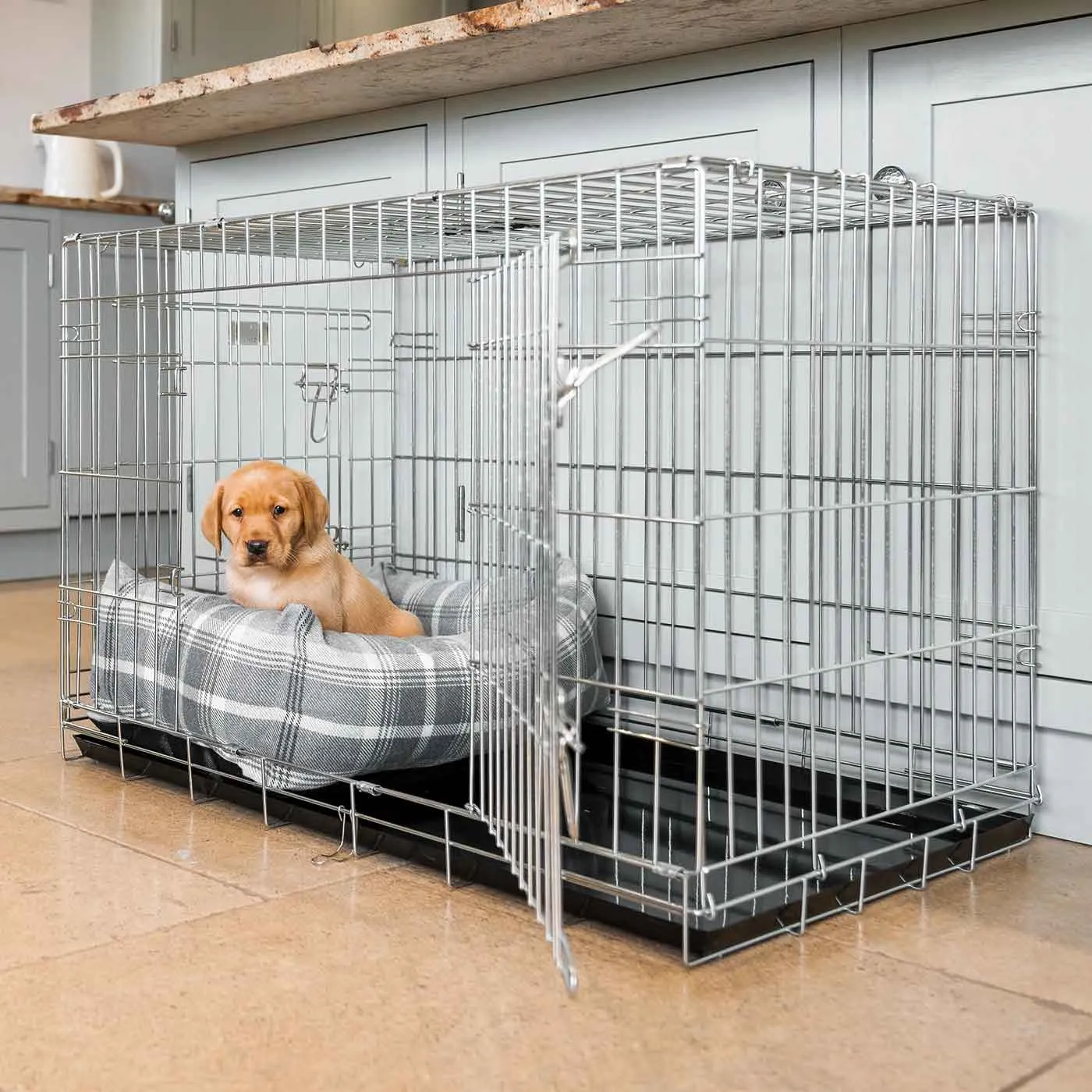 Cosy & Calming Puppy Crate Bed With Removable Covers in Balmoral Dove Grey Tweed by Lords & Labradors