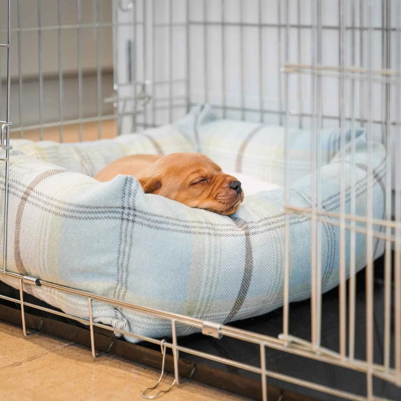 Cosy & Calming Puppy Crate Bed With Removable Covers in Balmoral Duck Egg Tweed by Lords & Labradors