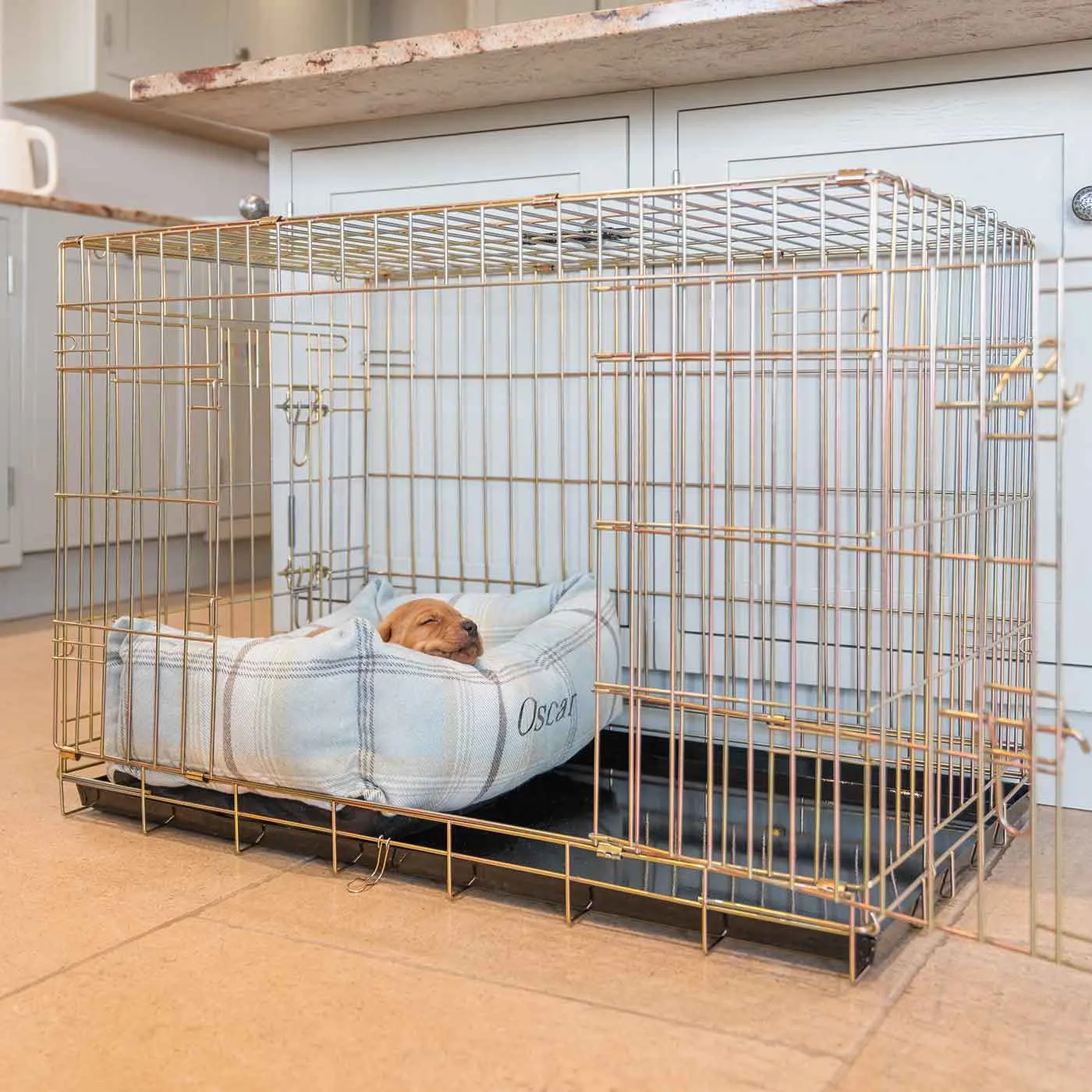 Cosy & Calming Puppy Crate Bed With Removable Covers in Balmoral Duck Egg Tweed by Lords & Labradors