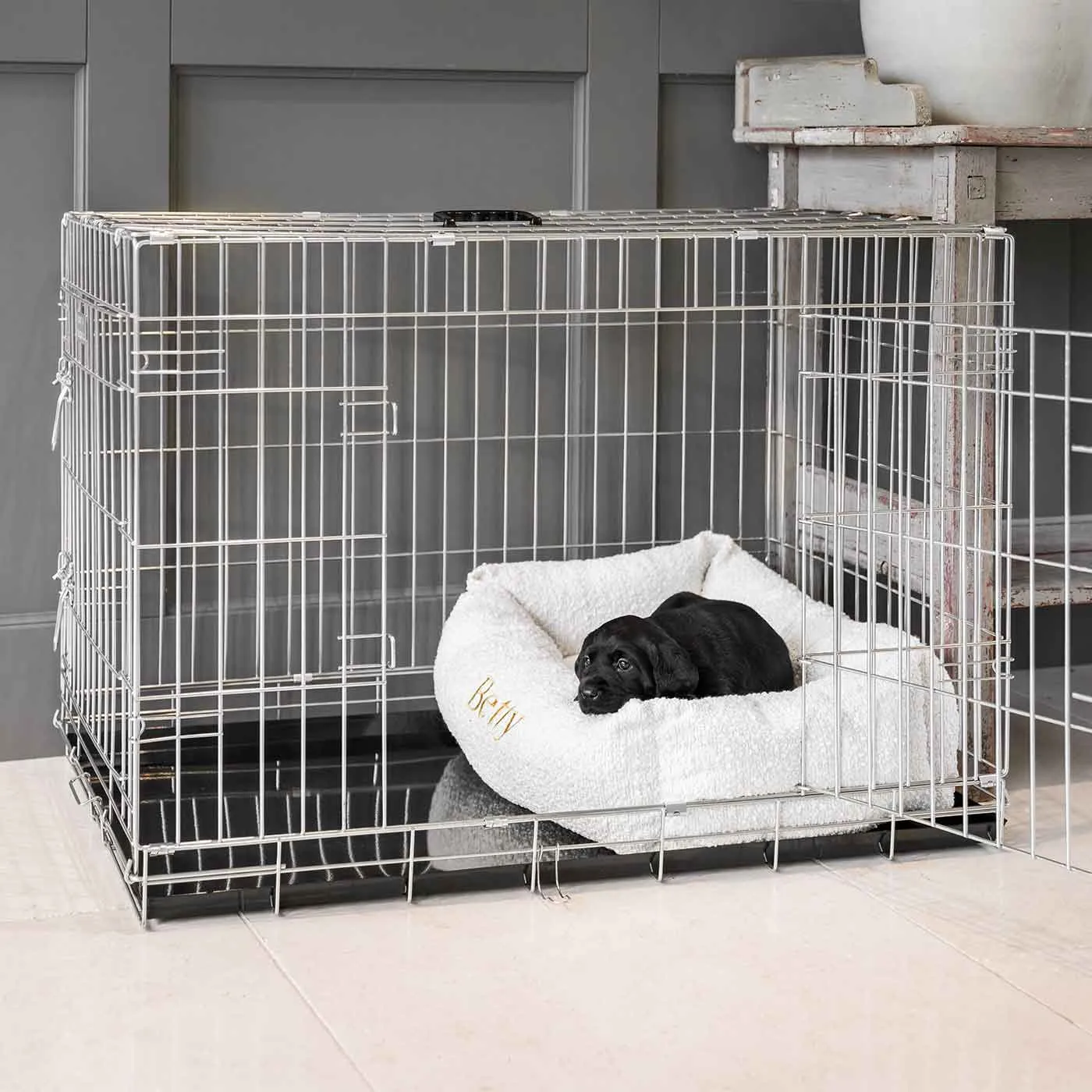 Cosy & Calming Puppy Crate Bed With Removable Covers in Ivory Bouclé by Lords & Labradors