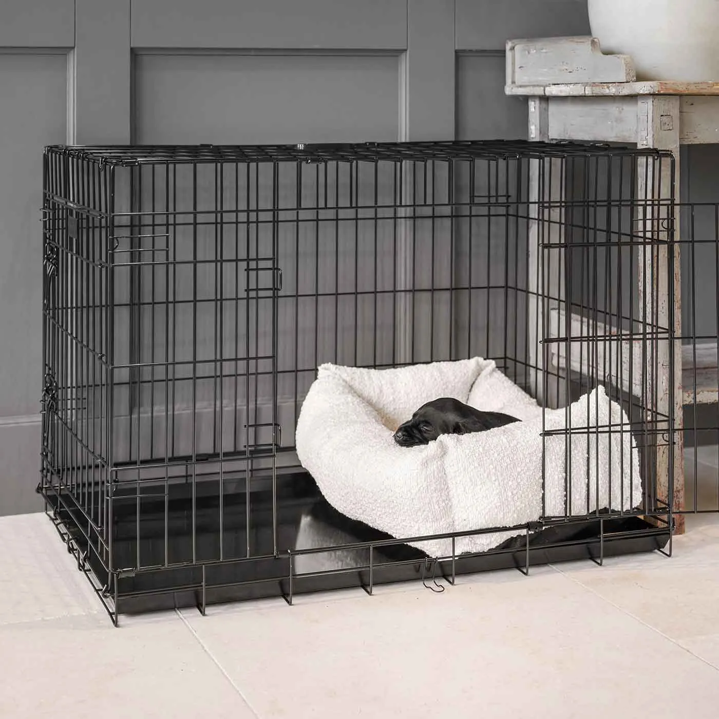 Cosy & Calming Puppy Crate Bed With Removable Covers in Ivory Bouclé by Lords & Labradors