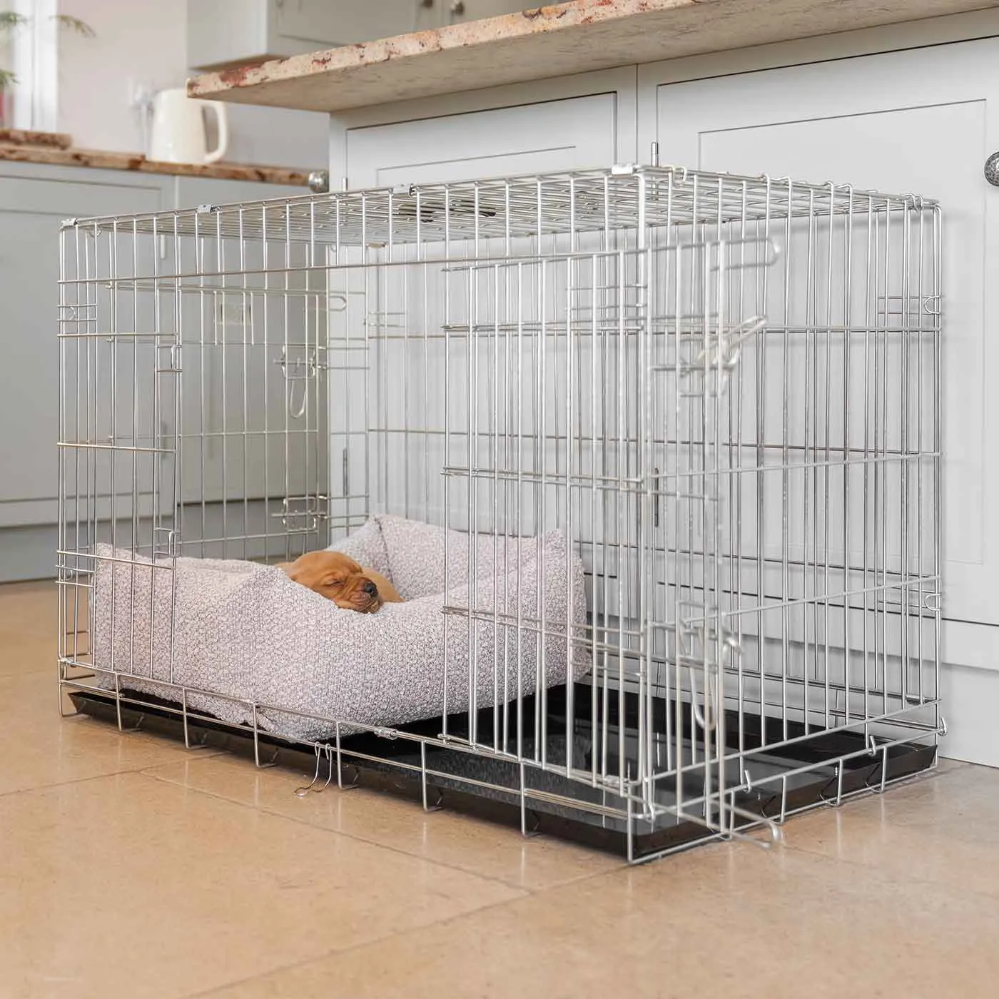 Cosy & Calming Puppy Crate Bed With Removable Covers in Mink Bouclé by Lords & Labradors