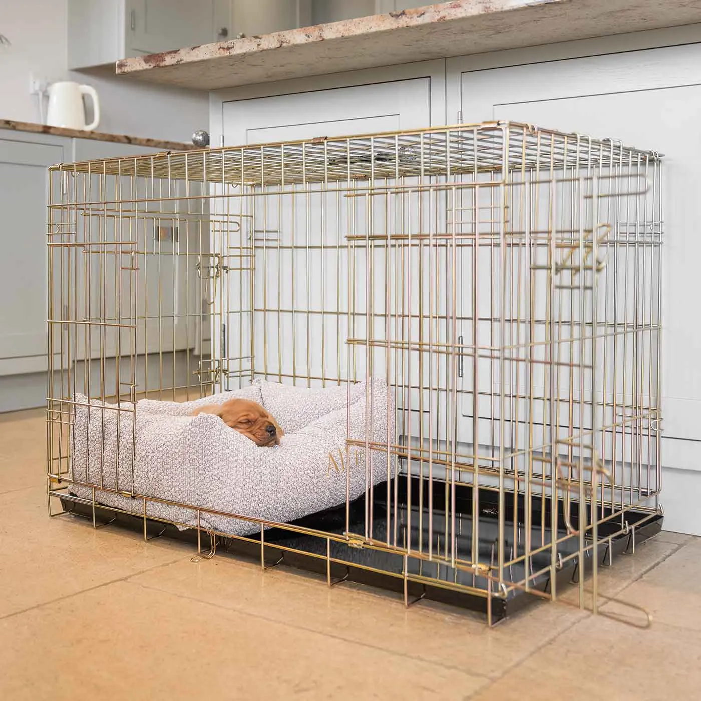 Cosy & Calming Puppy Crate Bed With Removable Covers in Mink Bouclé by Lords & Labradors