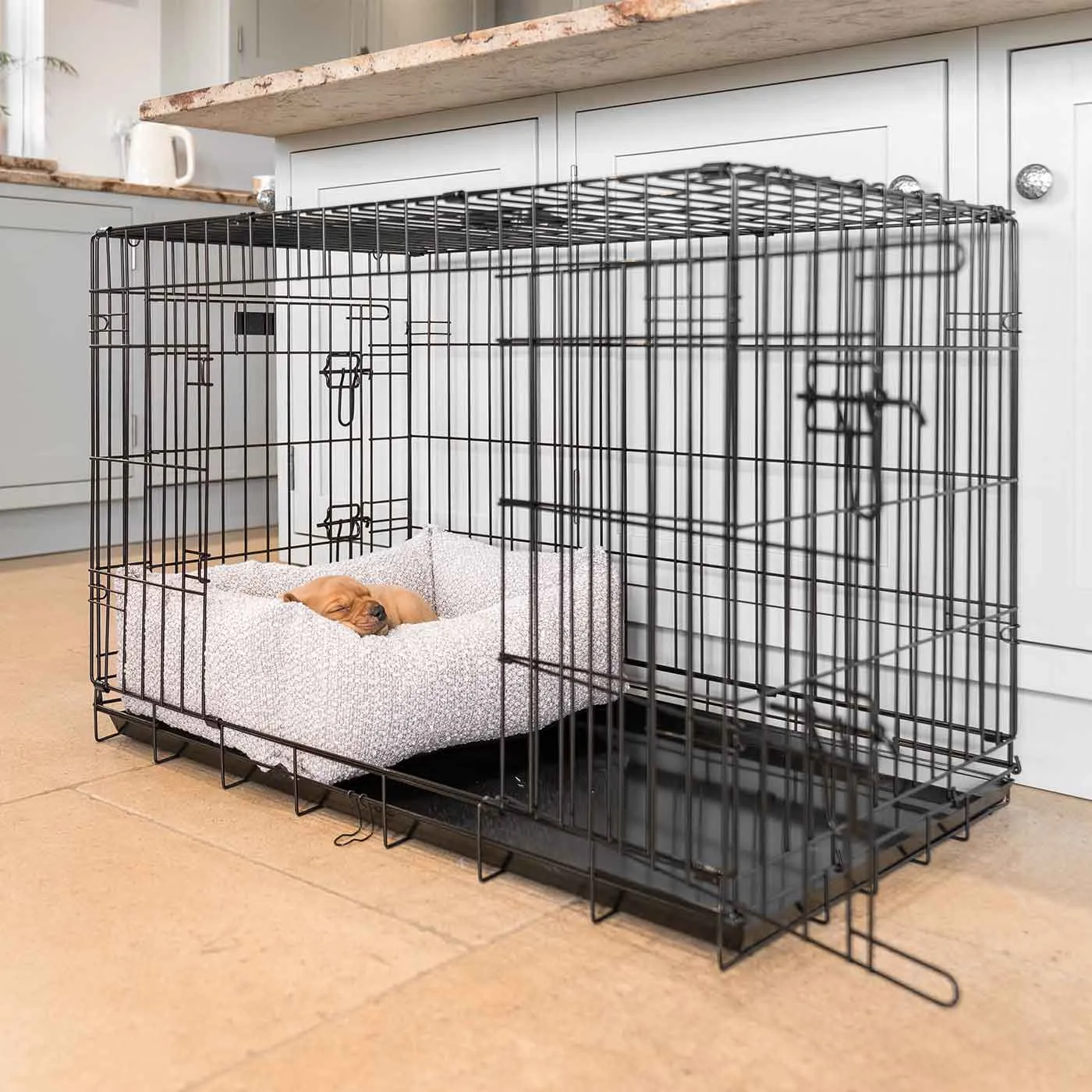 Cosy & Calming Puppy Crate Bed With Removable Covers in Mink Bouclé by Lords & Labradors