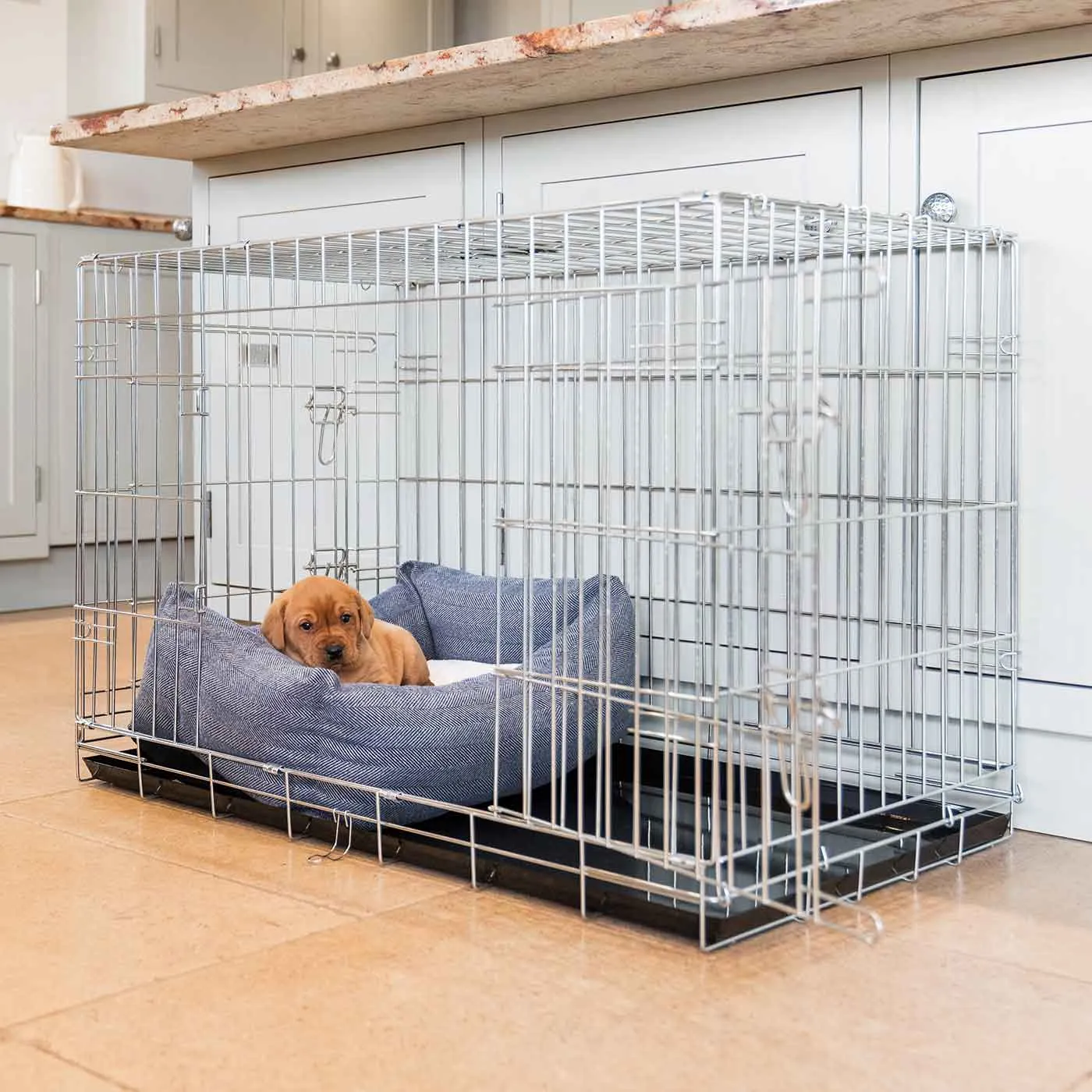 Cosy & Calming Puppy Crate Bed With Removable Covers in Oxford Herringbone Tweed by Lords & Labradors