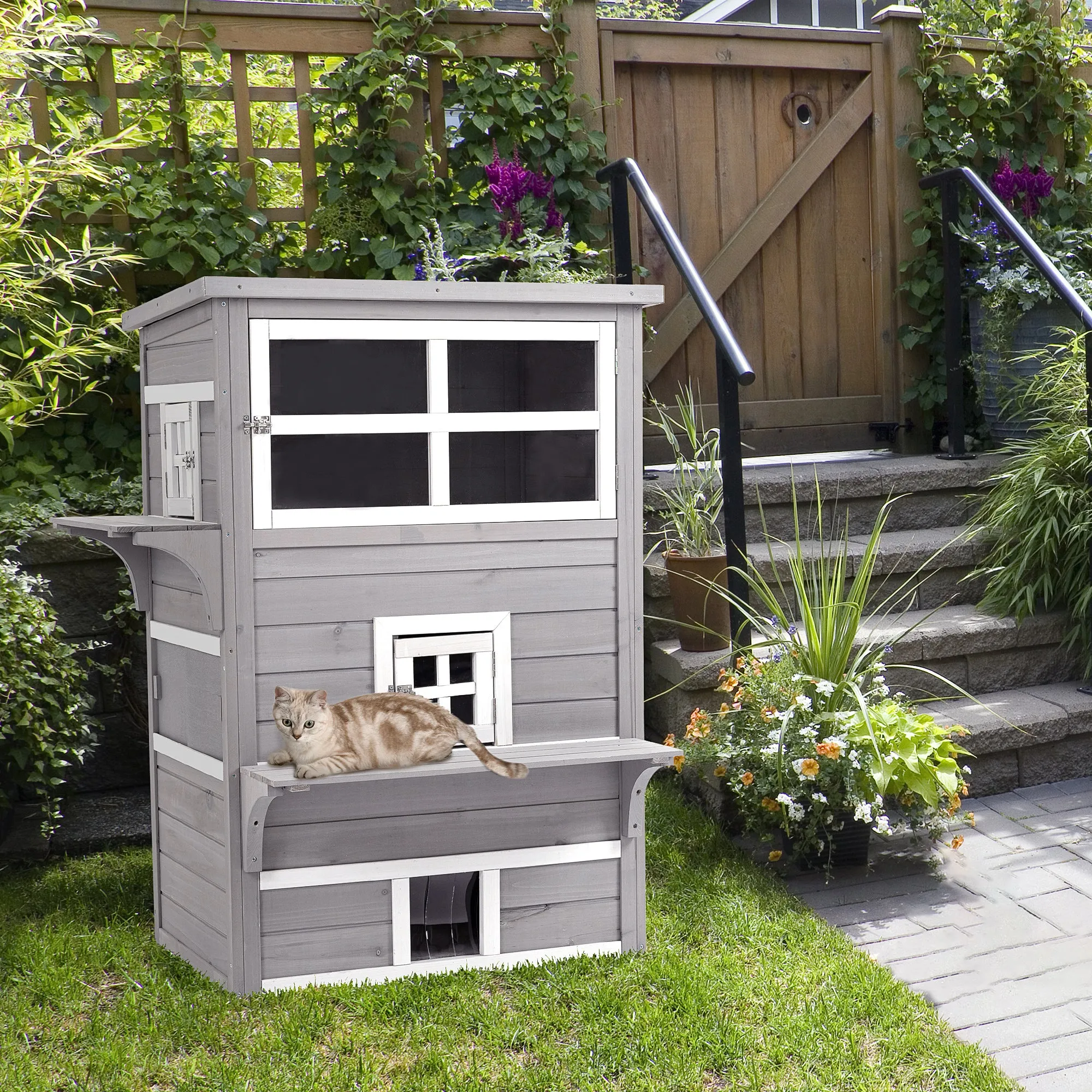 PawHut 3-Tier Wooden Kitten Shelter for Indoor, Outdoor - Grey