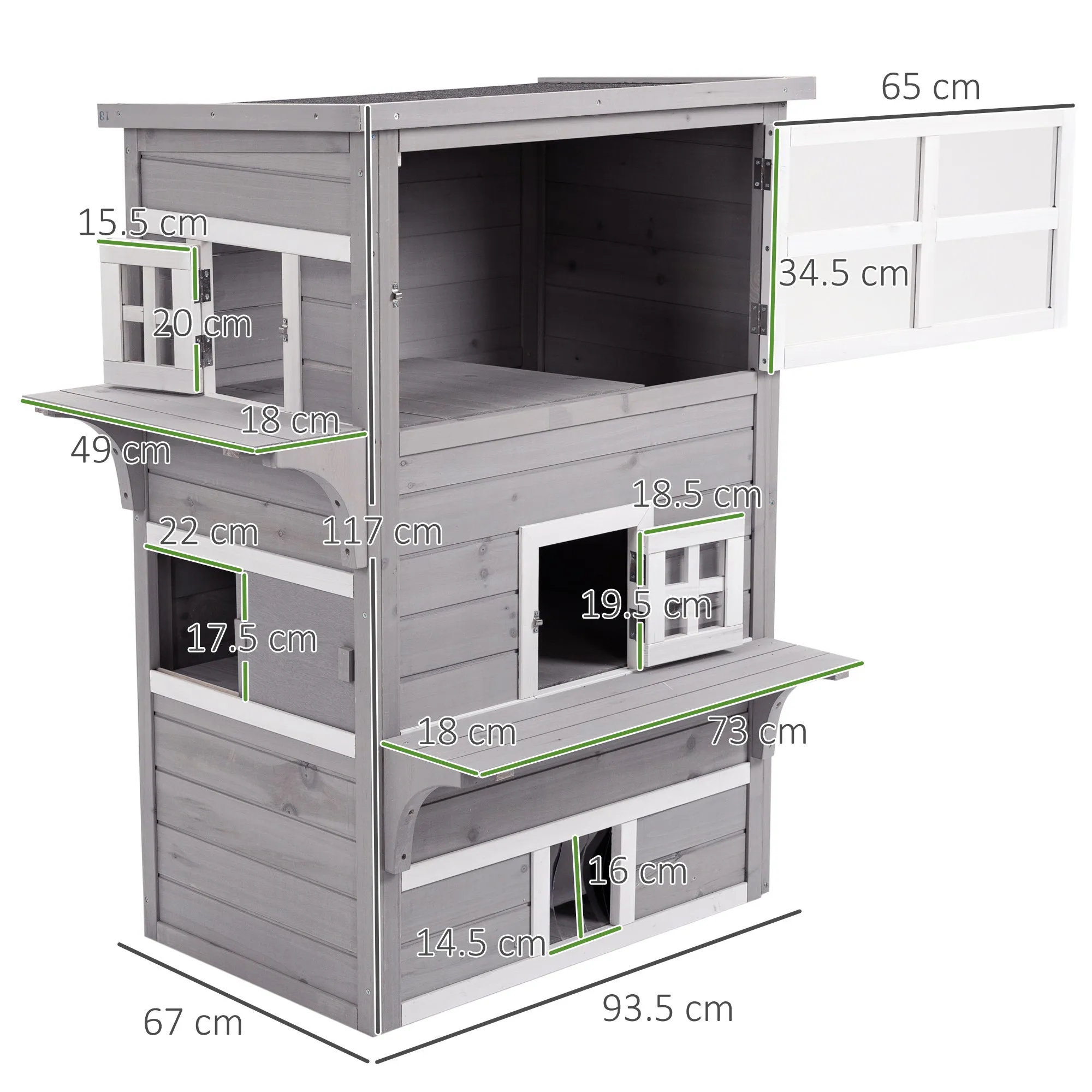 PawHut 3-Tier Wooden Kitten Shelter for Indoor, Outdoor - Grey