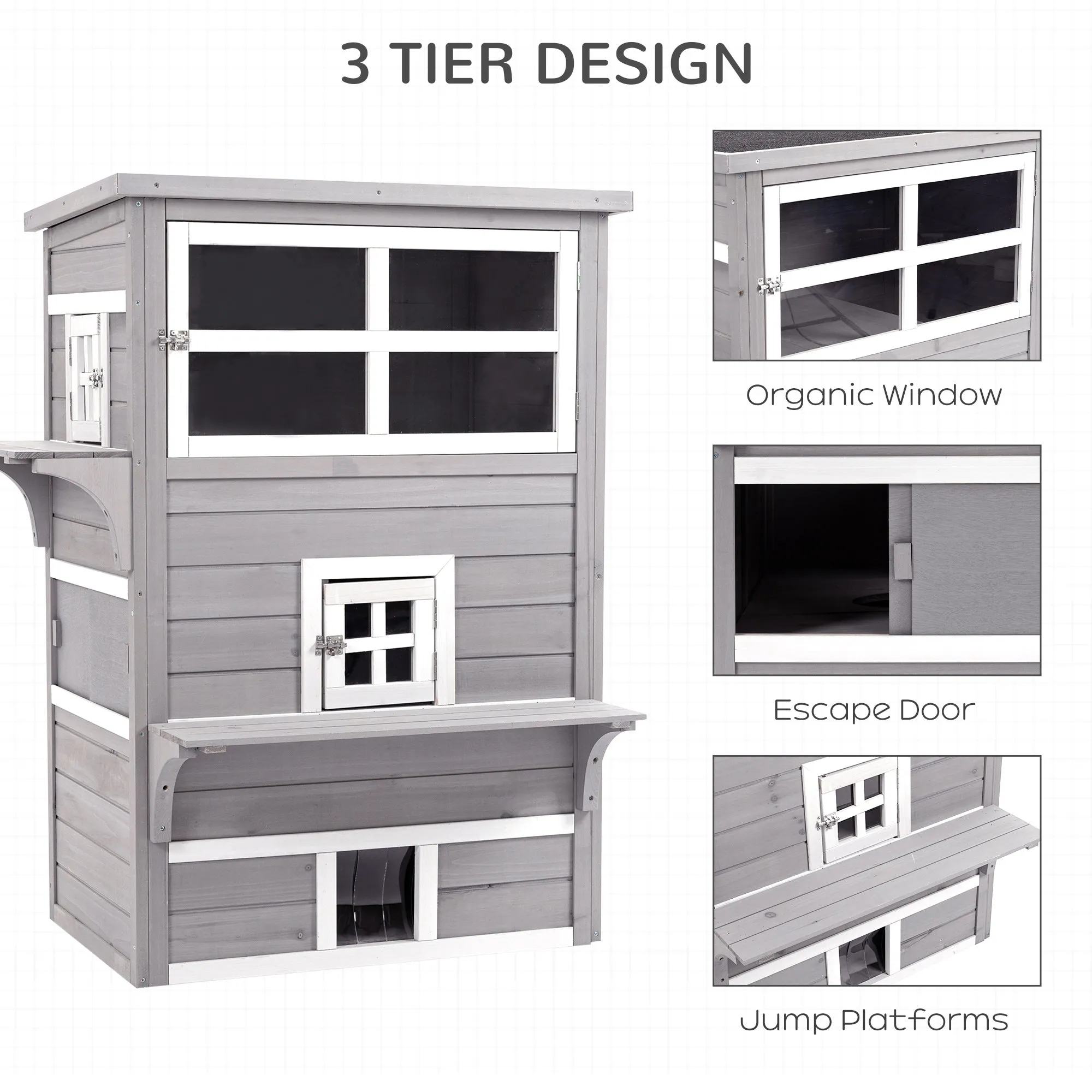 PawHut 3-Tier Wooden Kitten Shelter for Indoor, Outdoor - Grey