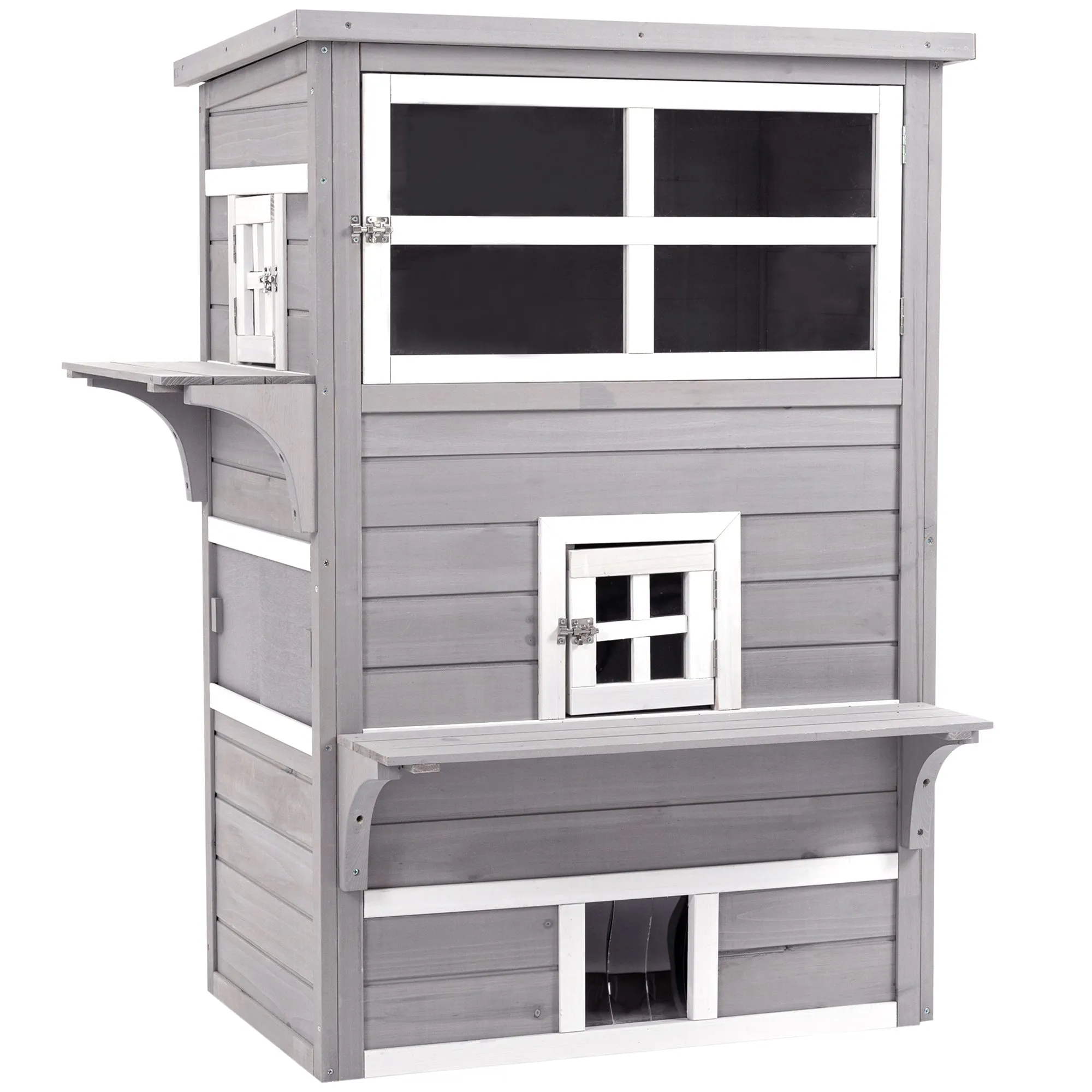 PawHut 3-Tier Wooden Kitten Shelter for Indoor, Outdoor - Grey