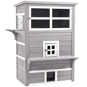 PawHut 3-Tier Wooden Kitten Shelter for Indoor, Outdoor - Grey