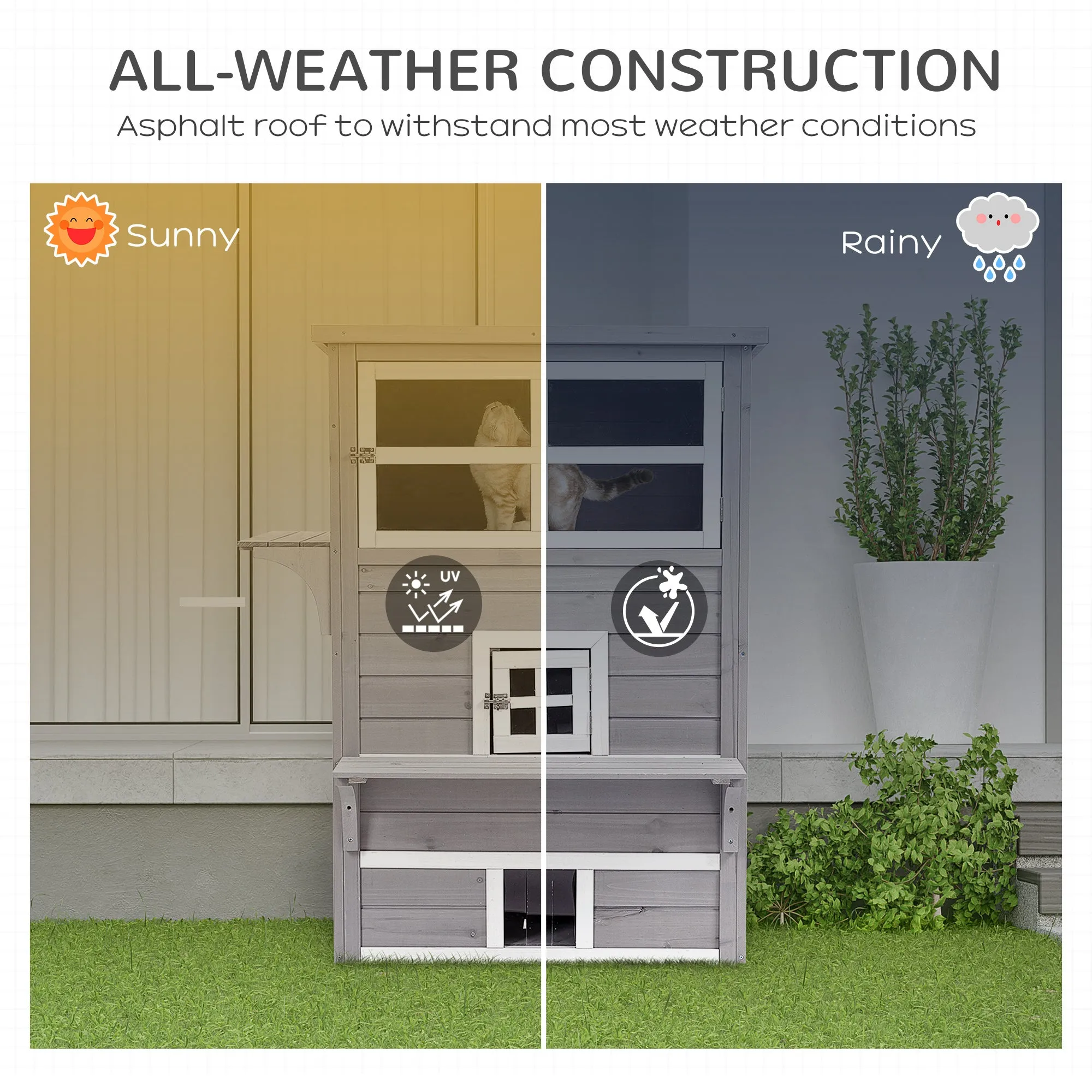 PawHut 3-Tier Wooden Kitten Shelter for Indoor, Outdoor - Grey