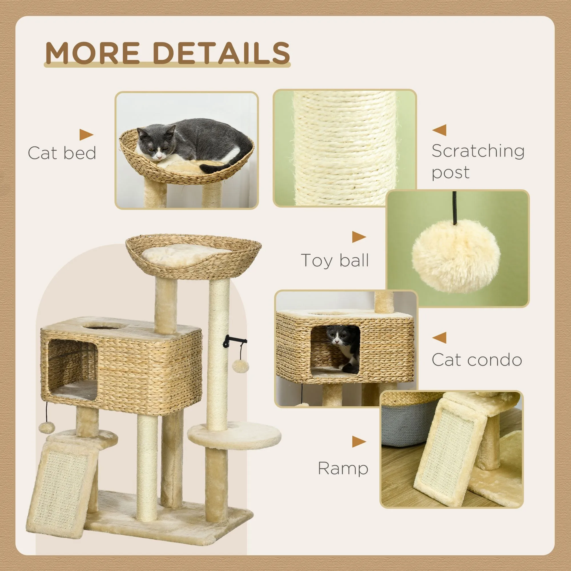 PawHut 95cm Cat Tree Tower w/ Scratching Post, Cat House, Ball, Platform - Beige