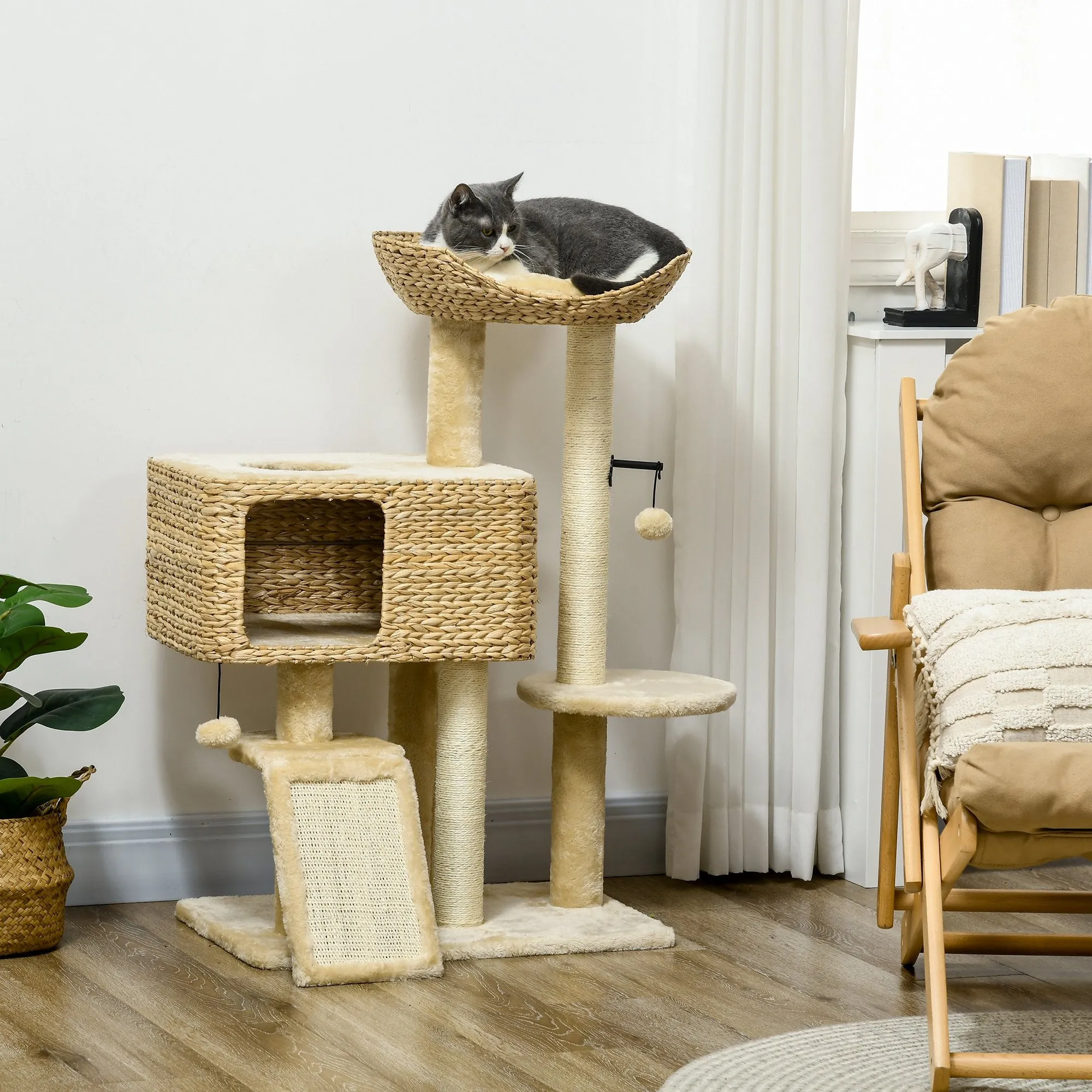 PawHut 95cm Cat Tree Tower w/ Scratching Post, Cat House, Ball, Platform - Beige
