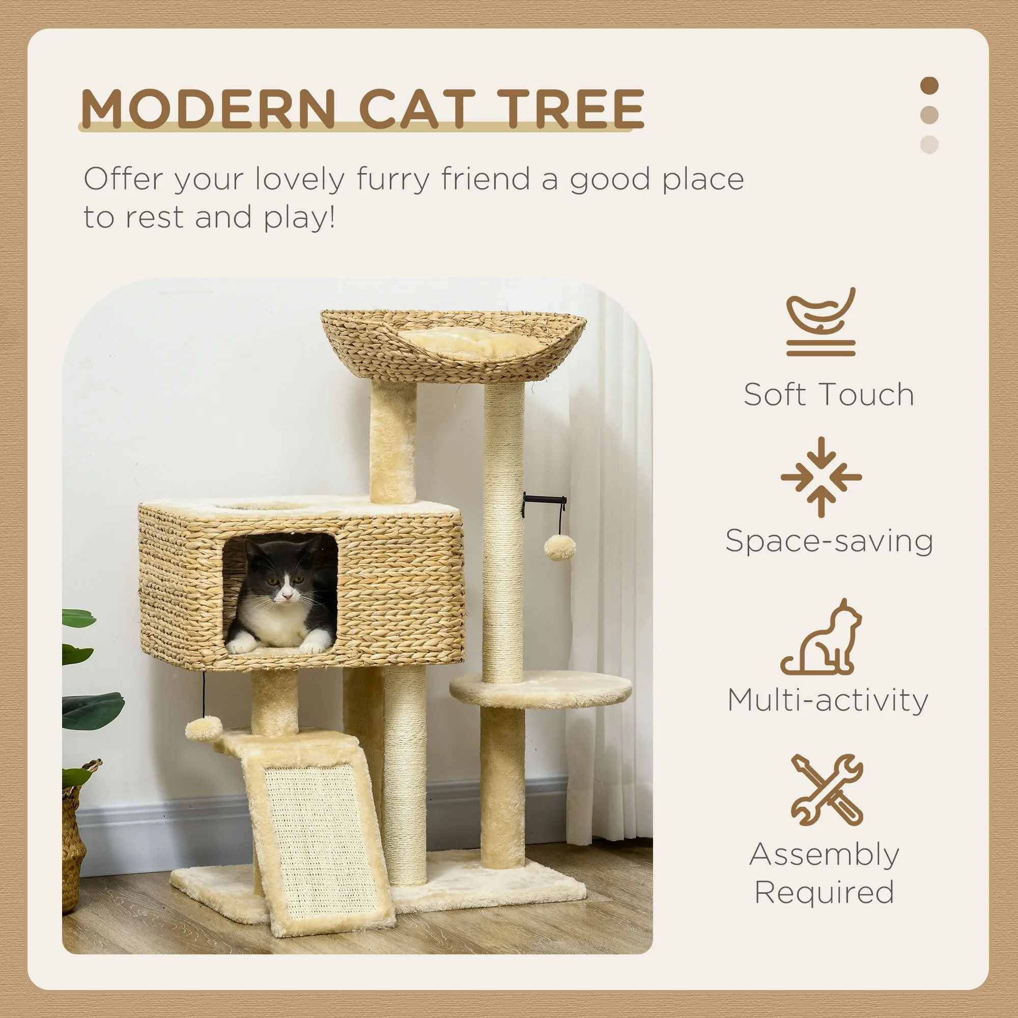 PawHut 95cm Cat Tree Tower w/ Scratching Post, Cat House, Ball, Platform - Beige