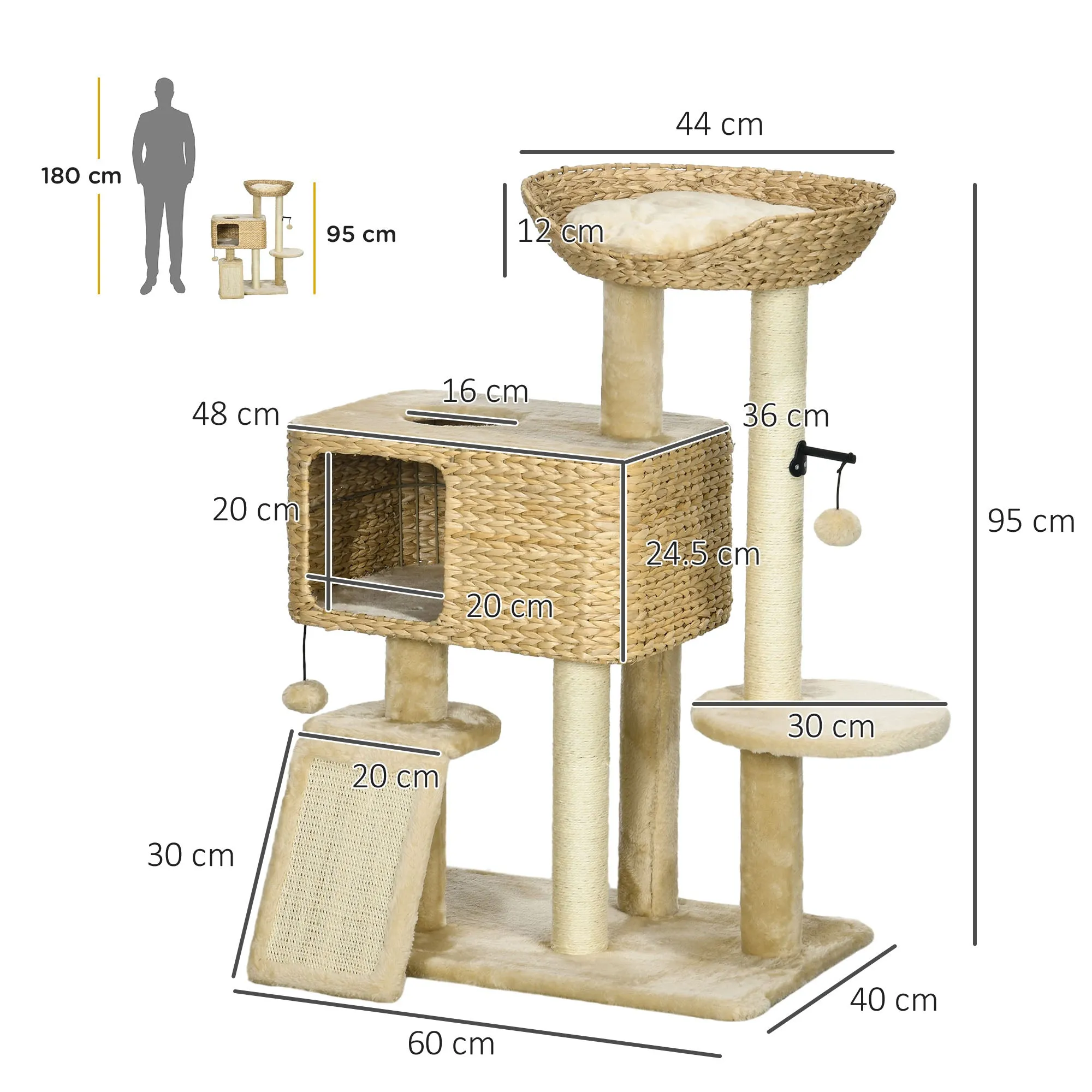 PawHut 95cm Cat Tree Tower w/ Scratching Post, Cat House, Ball, Platform - Beige