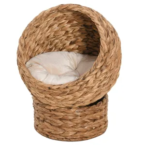 PawHut Elevated Kitten Hooded Rattan Cat House Basket Cushion, 42x33x52cm Brown