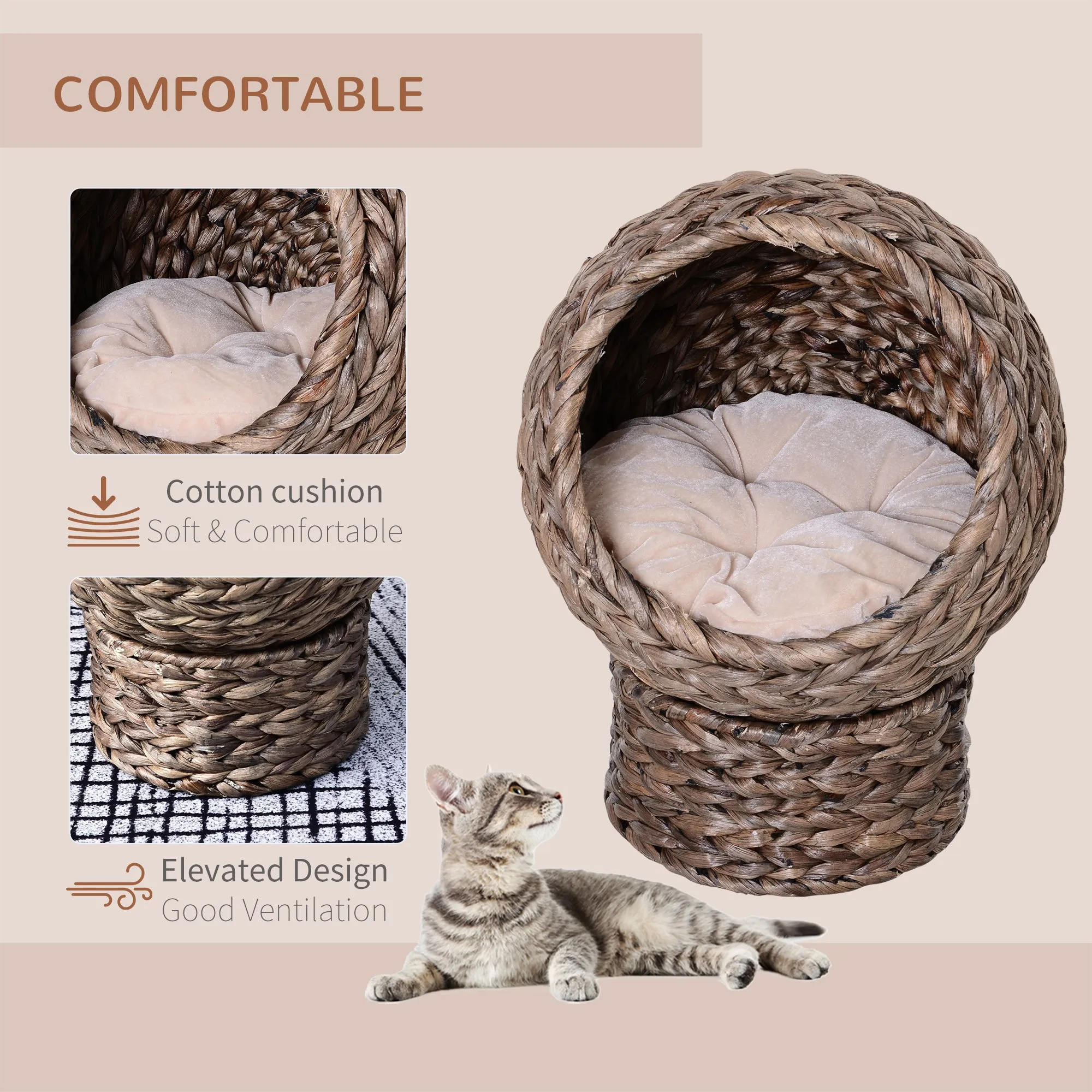 PawHut Elevated Kitten Hooded Rattan Cat House Basket Cushion, 42x33x52cm Grey