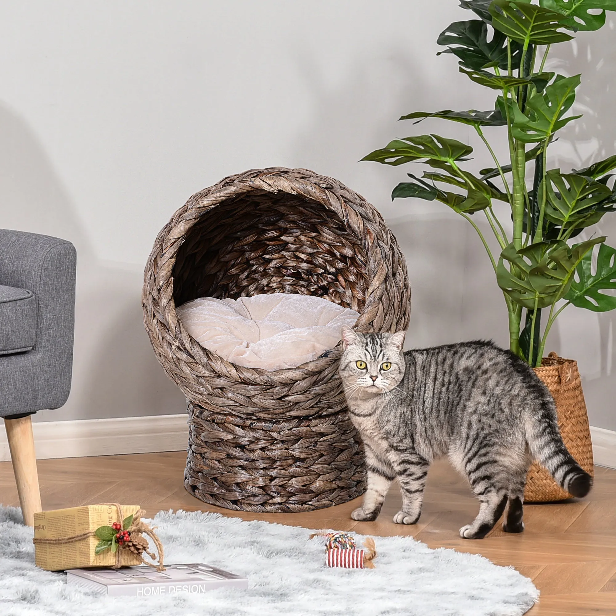 PawHut Elevated Kitten Hooded Rattan Cat House Basket Cushion, 42x33x52cm Grey