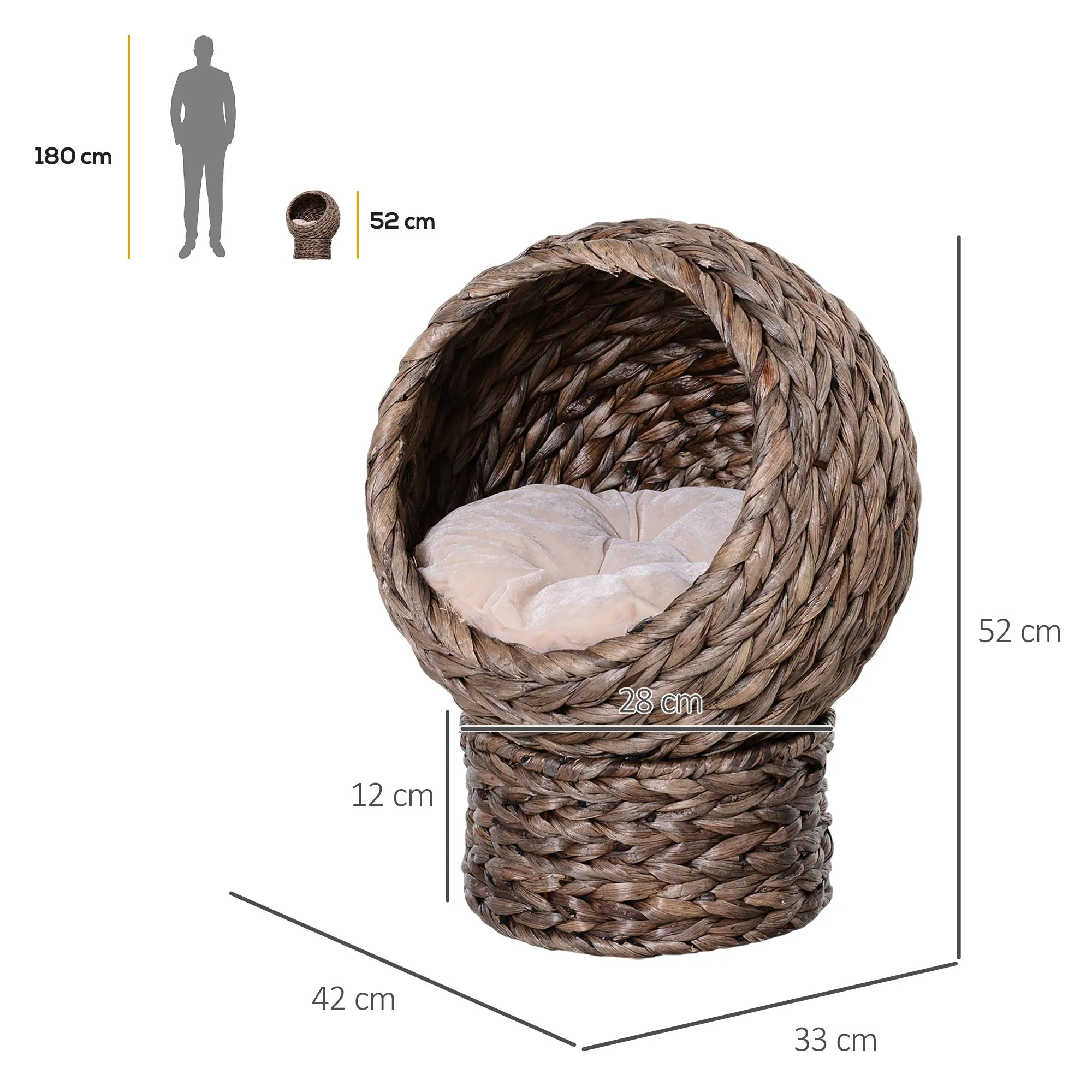 PawHut Elevated Kitten Hooded Rattan Cat House Basket Cushion, 42x33x52cm Grey
