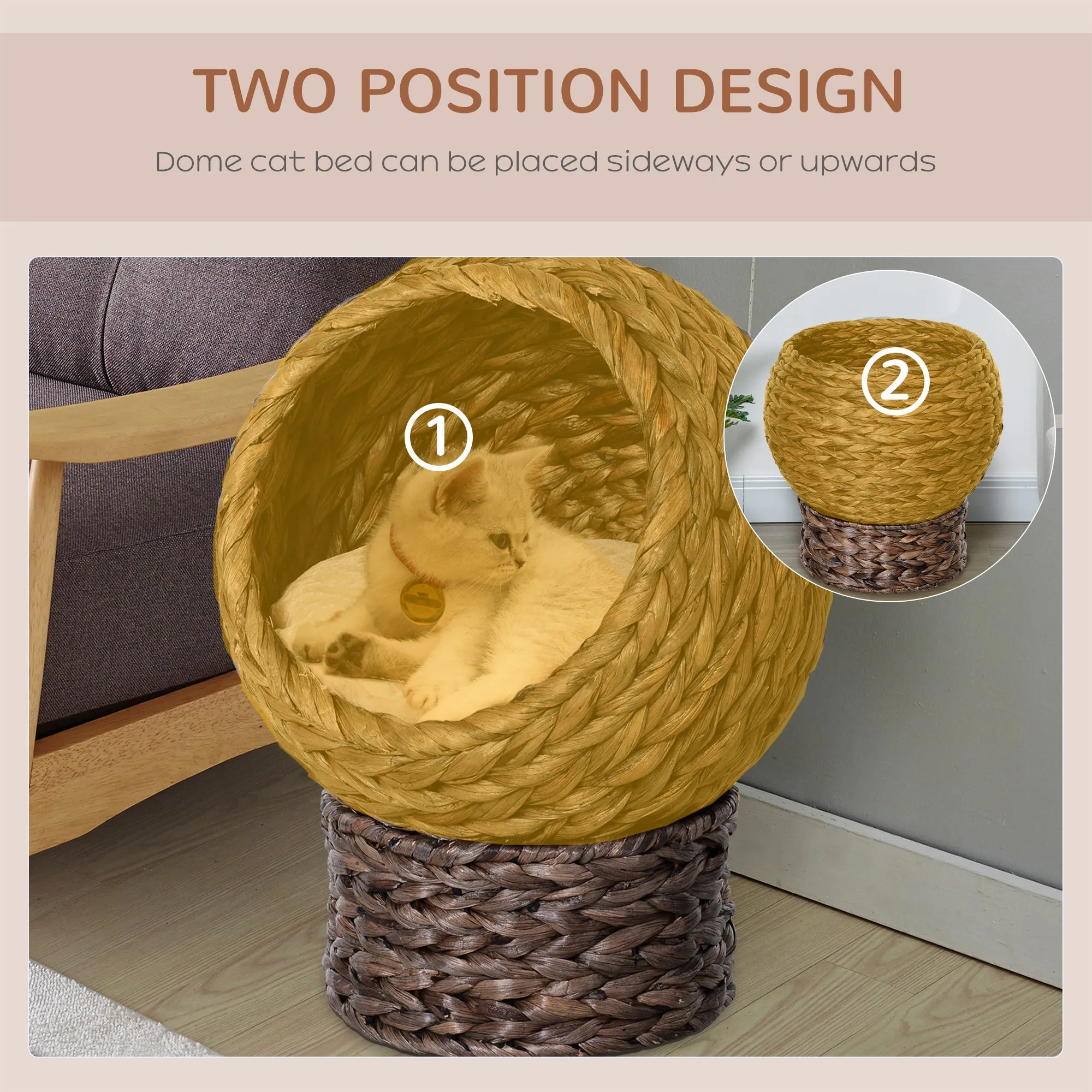 PawHut Elevated Kitten Hooded Rattan Cat House Basket Cushion, 42x33x52cm Grey