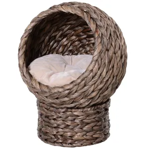 PawHut Elevated Kitten Hooded Rattan Cat House Basket Cushion, 42x33x52cm Grey