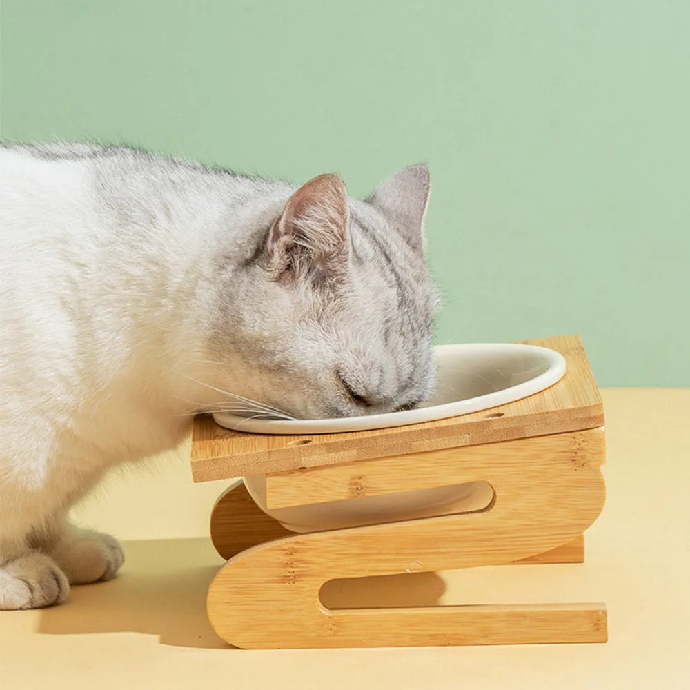 PAWS ASIA Suppliers Luxury Eco Friendly Bamboo Stand Tilted Raised Double White Ceramic Dog Bowl