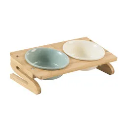 PAWS ASIA Suppliers Luxury Eco Friendly Bamboo Stand Tilted Raised Double White Ceramic Dog Bowl