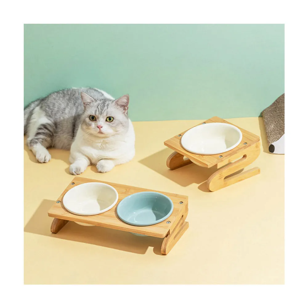 PAWS ASIA Suppliers Luxury Eco Friendly Bamboo Stand Tilted Raised Double White Ceramic Dog Bowl