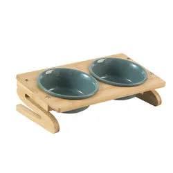PAWS ASIA Suppliers Luxury Eco Friendly Bamboo Stand Tilted Raised Double White Ceramic Dog Bowl