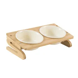 PAWS ASIA Suppliers Luxury Eco Friendly Bamboo Stand Tilted Raised Double White Ceramic Dog Bowl