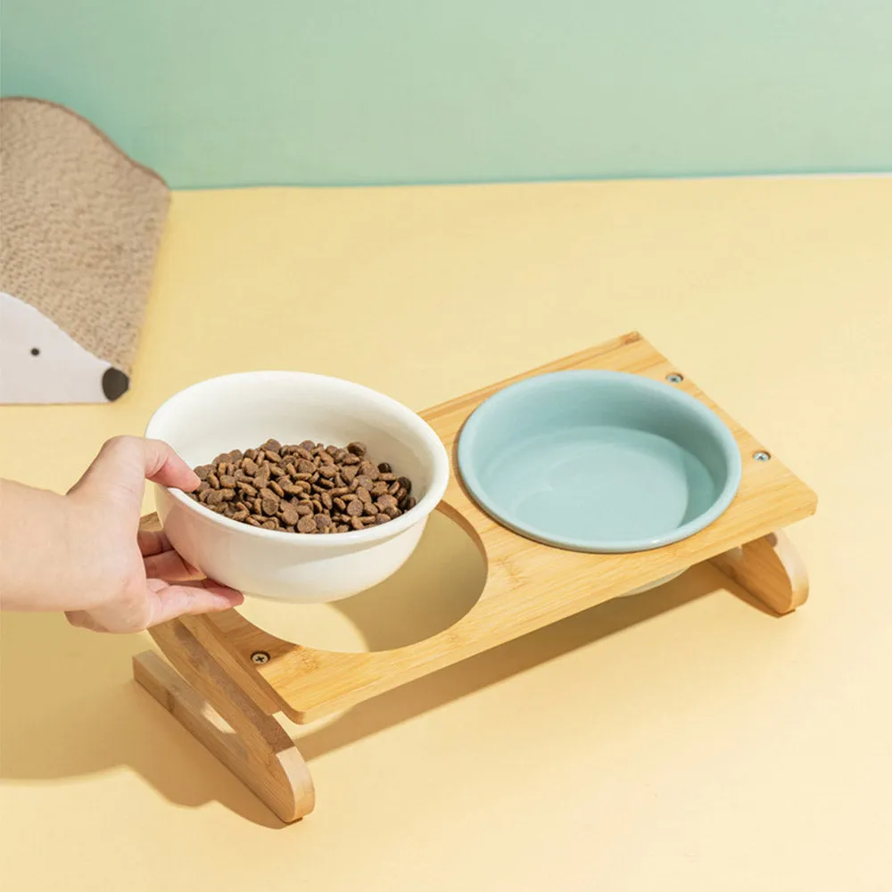 PAWS ASIA Suppliers Luxury Eco Friendly Bamboo Stand Tilted Raised Double White Ceramic Dog Bowl