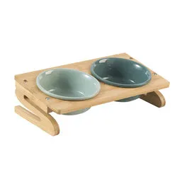 PAWS ASIA Suppliers Luxury Eco Friendly Bamboo Stand Tilted Raised Double White Ceramic Dog Bowl