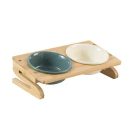 PAWS ASIA Suppliers Luxury Eco Friendly Bamboo Stand Tilted Raised Double White Ceramic Dog Bowl