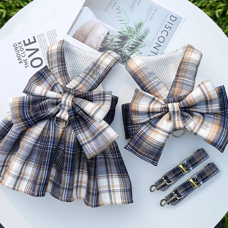 Plaid Bow Pet Harness Dress or Vest with Leash Set for Cats and Small Dogs