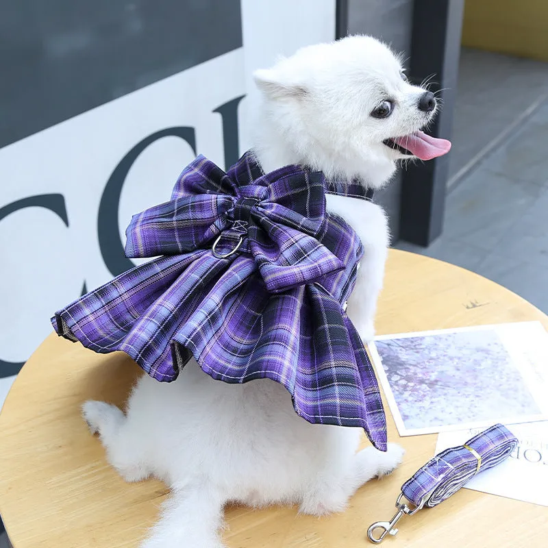 Plaid Bow Pet Harness Dress or Vest with Leash Set for Cats and Small Dogs