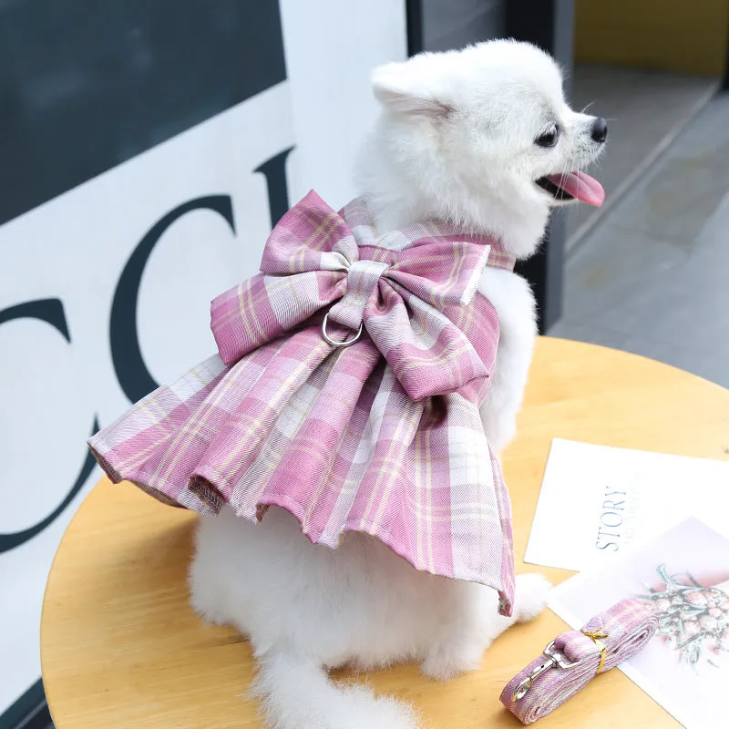 Plaid Bow Pet Harness Dress or Vest with Leash Set for Cats and Small Dogs