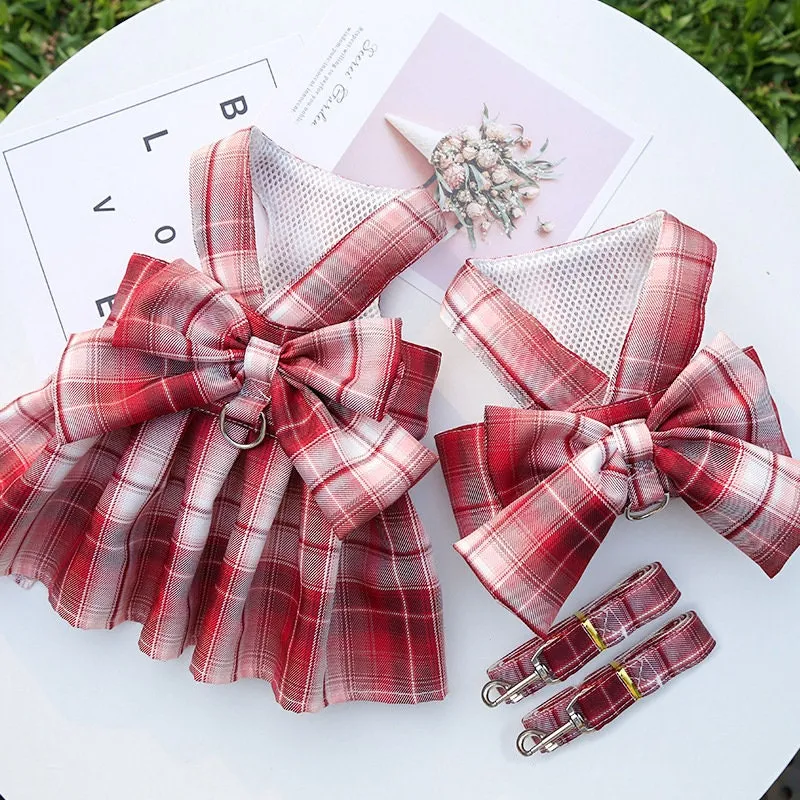 Plaid Bow Pet Harness Dress or Vest with Leash Set for Cats and Small Dogs