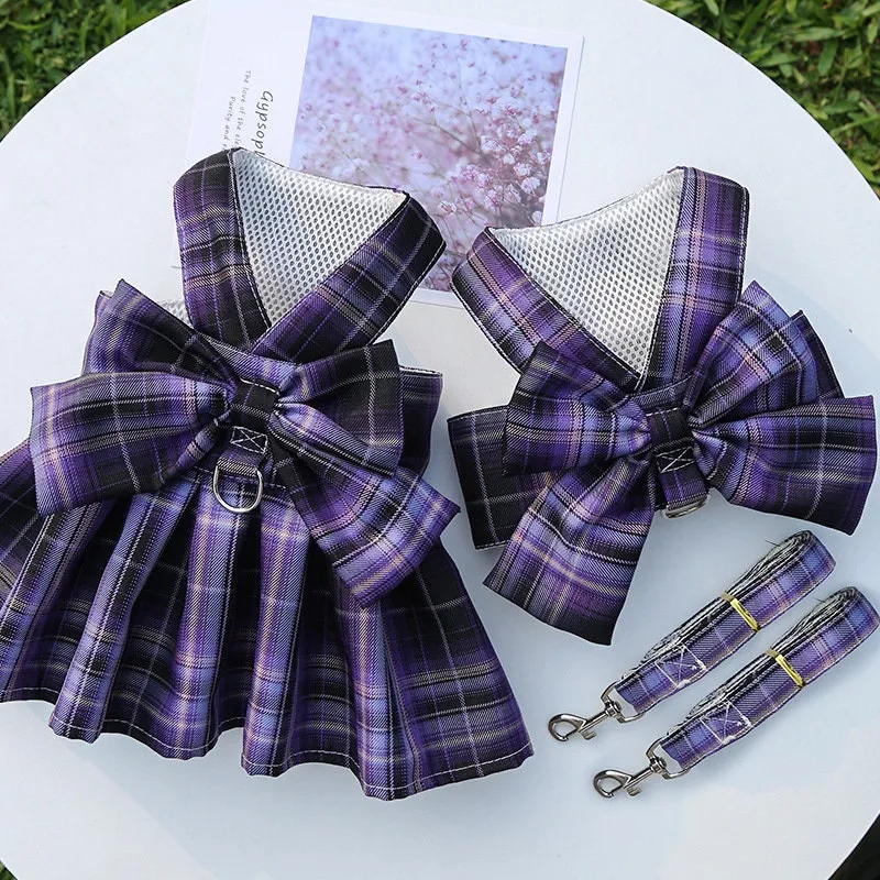 Plaid Bow Pet Harness Dress or Vest with Leash Set for Cats and Small Dogs