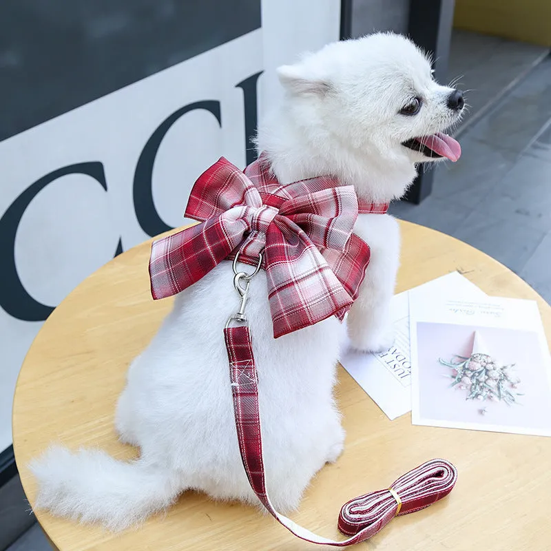 Plaid Bow Pet Harness Dress or Vest with Leash Set for Cats and Small Dogs