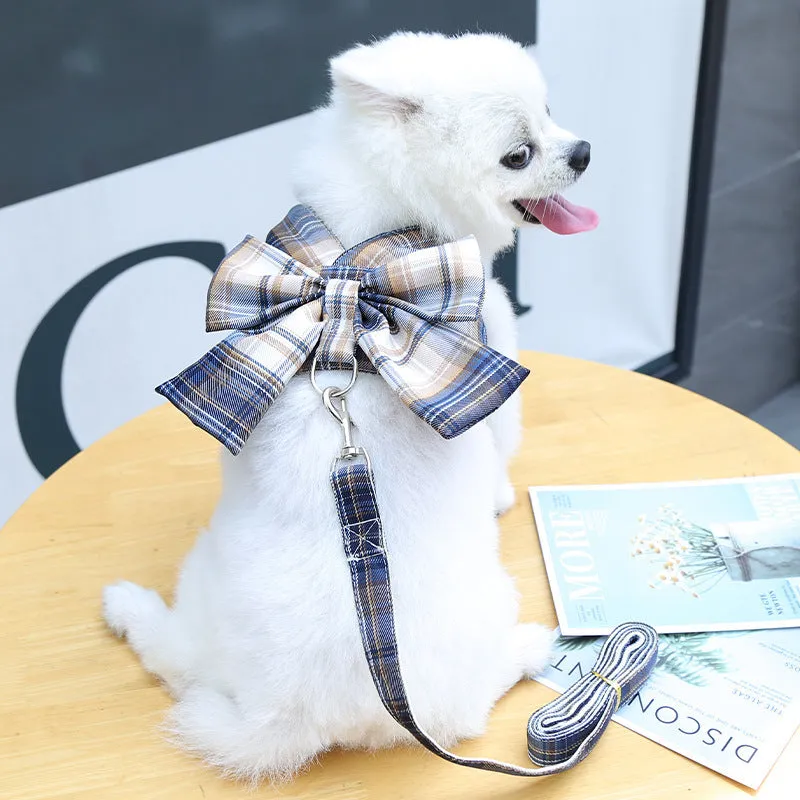 Plaid Bow Pet Harness Dress or Vest with Leash Set for Cats and Small Dogs