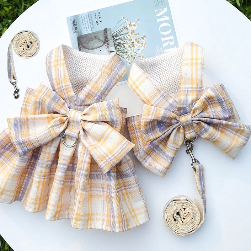 Plaid Bow Pet Harness Dress or Vest with Leash Set for Cats and Small Dogs