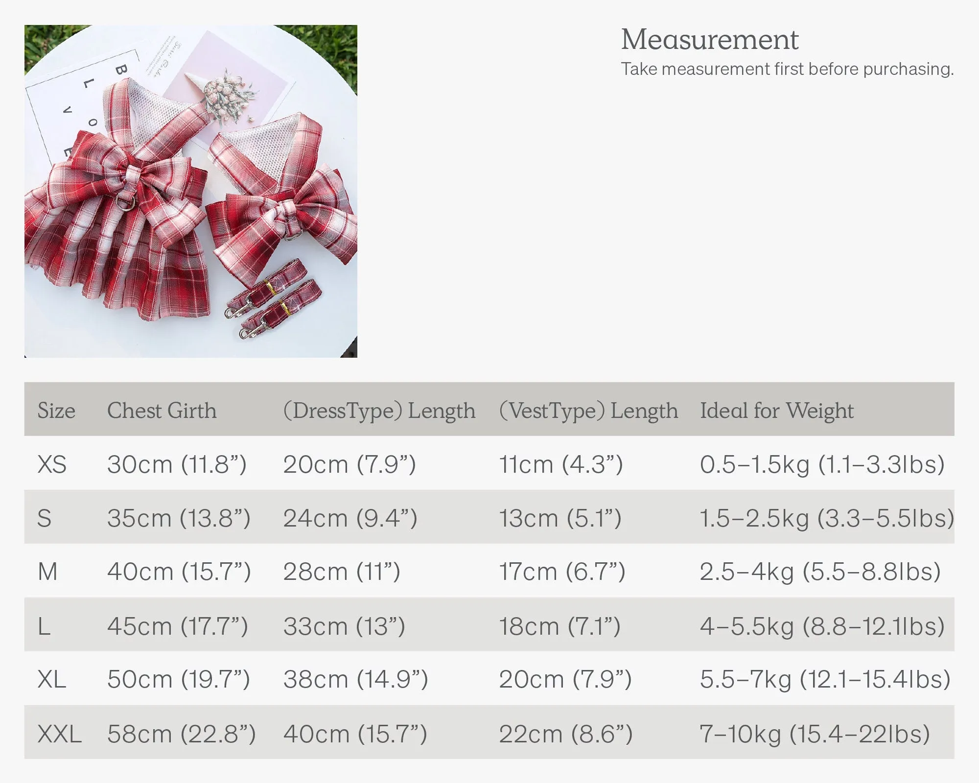 Plaid Bow Pet Harness Dress or Vest with Leash Set for Cats and Small Dogs