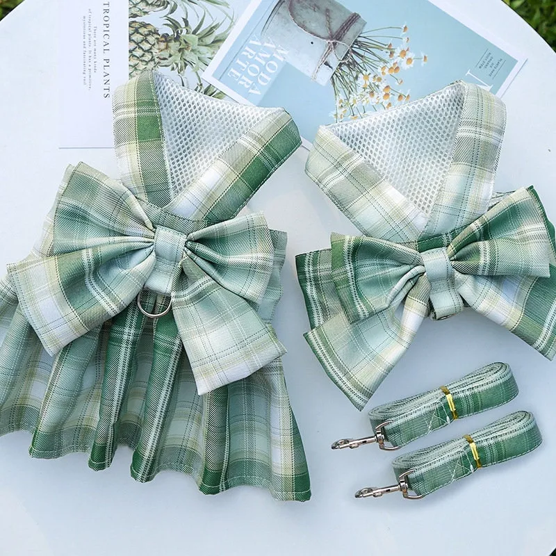 Plaid Bow Pet Harness Dress or Vest with Leash Set for Cats and Small Dogs