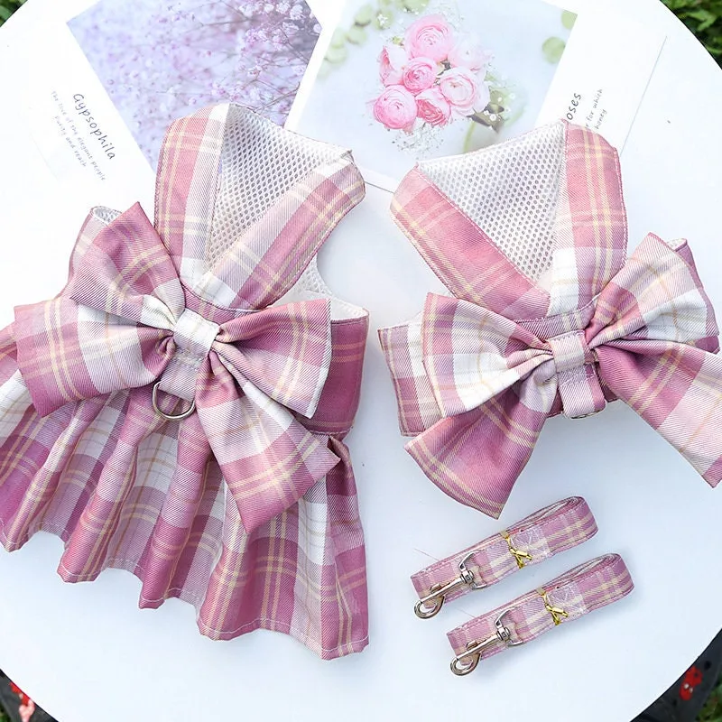 Plaid Bow Pet Harness Dress or Vest with Leash Set for Cats and Small Dogs